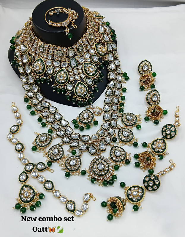 [Bridal 88 Green] Chic Contemporary Green Kundan Choker Necklace Earring Jewellery Set For Bride