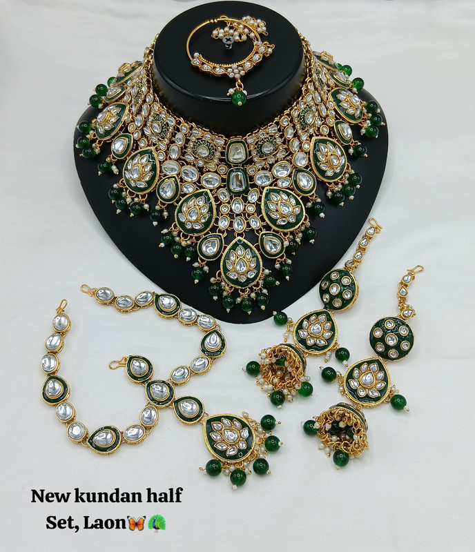 [Bridal 91 Green] Shandaar Contemporary Green Kundan Choker Necklace Earring Jewellery Set For Bride