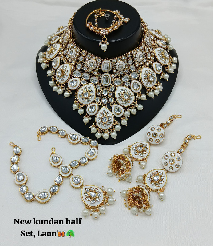 [Bridal 91 White] Gorgeous Contemporary White Kundan Choker Necklace Earring Jewellery Set For Bride