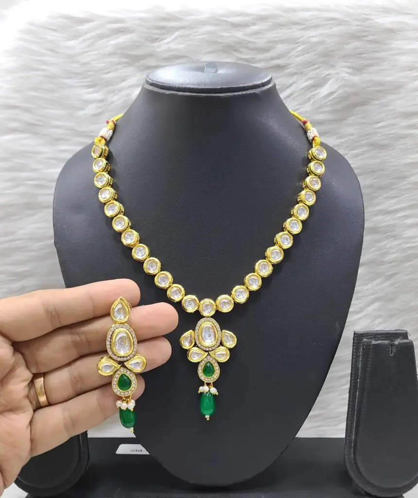 [K31 GREEN] Resplendent Stylish K31 Green Dabbi Kundan With Back Meena Necklace Earring Jewellery Set