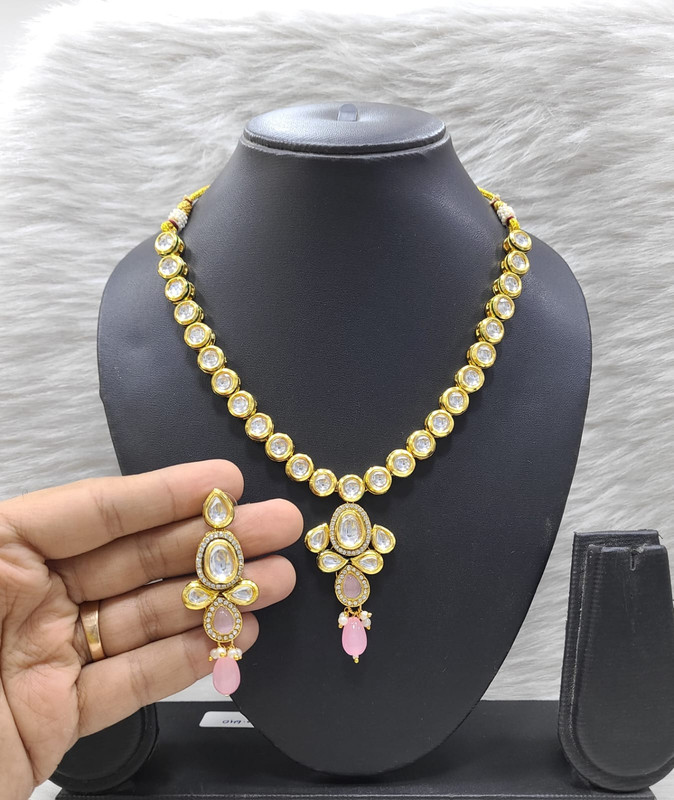 [K11 BABY PINK] Grand Designer K11 Baby Pink Dabbi Kundan With Back Meena Necklace Earring Jewellery Set