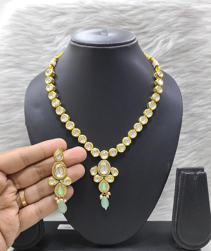 [K11 MINT GREEN] Alluring Designer K11 Mint Green Dabbi Kundan With Back Meena Necklace Earring Jewellery Set