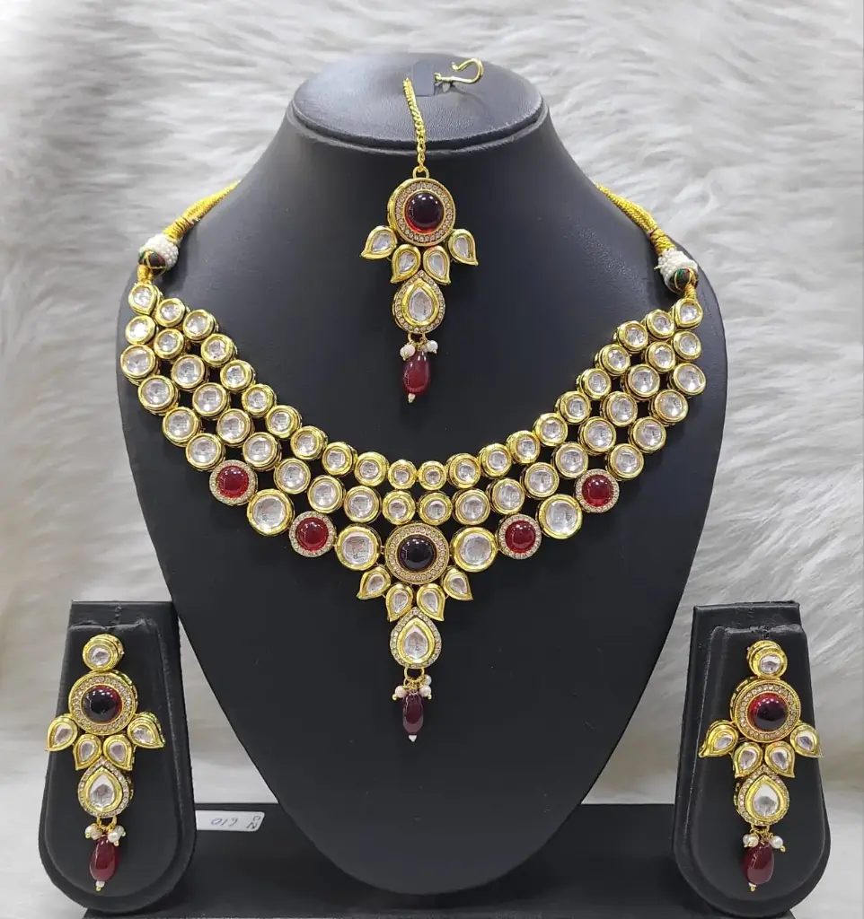 [K23 MAROON] Royal Stylish K23 Maroon Dabbi Kundan With Back Meena Necklace Earring Jewellery Set